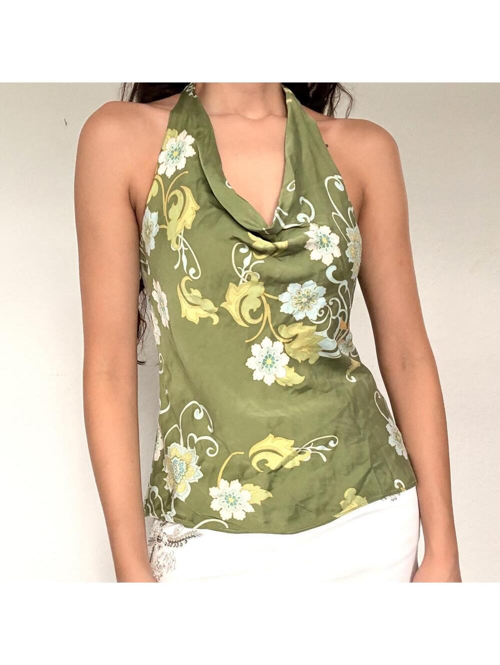Y2K Ann Taylor green floral silk halter top